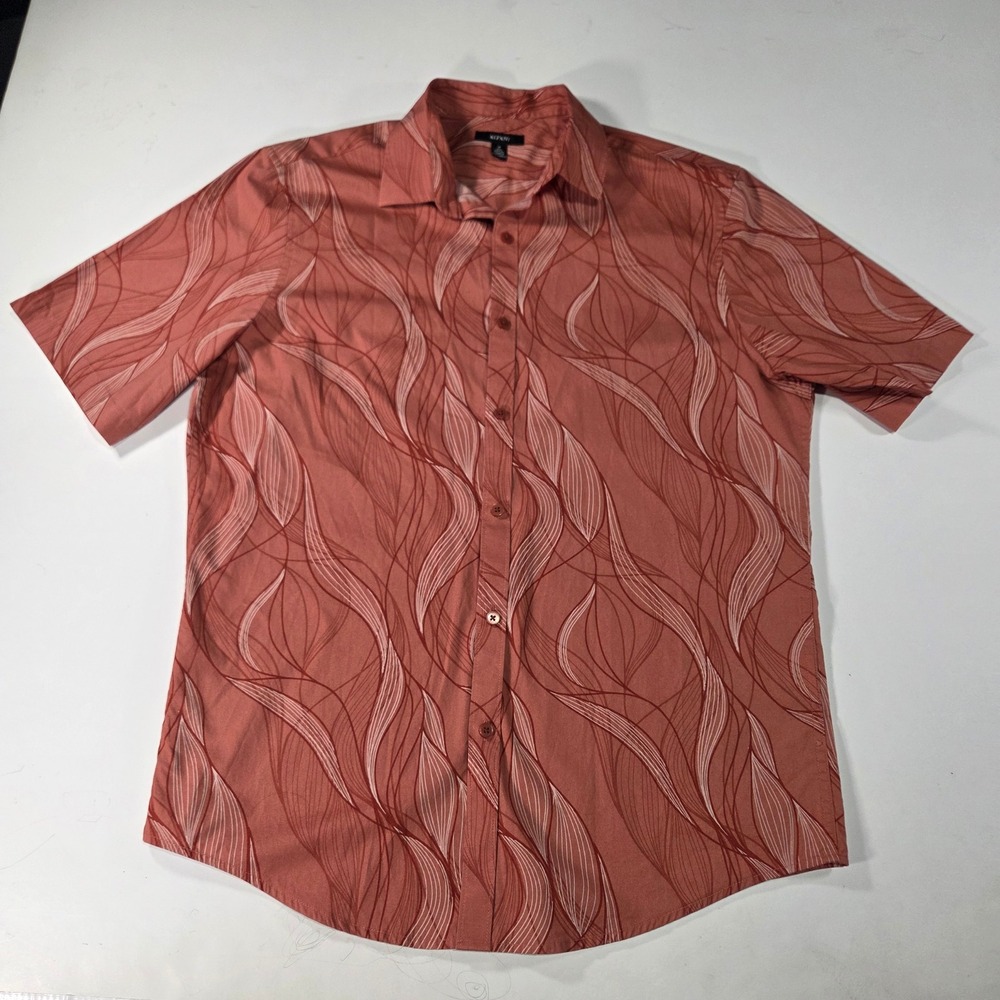 Alfani Mens Short Sleeve Button Down Shirt Terracotta Wavy Graphic Print Size M